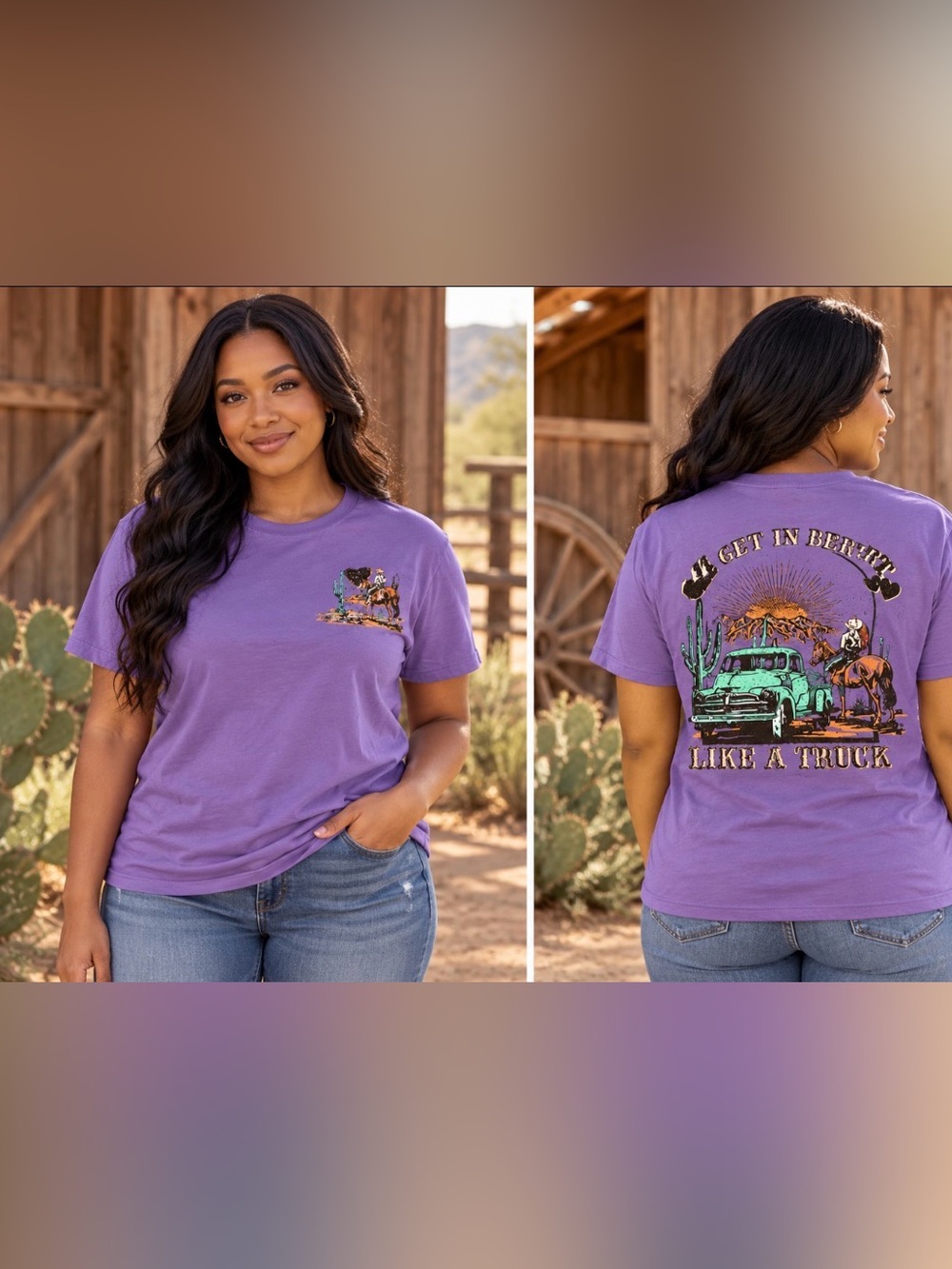 Purple Short Sleeve Graphic Tee with Western Truck Design
